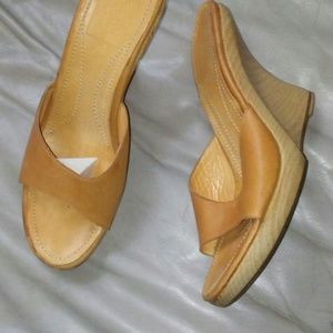 Bettye Muller hand carved wedge heel slides
